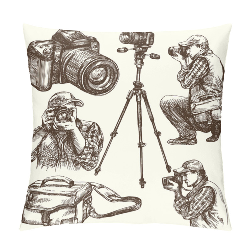 Personality  Photographer With Camera. Hand Drawn Illustration. Pillow Covers