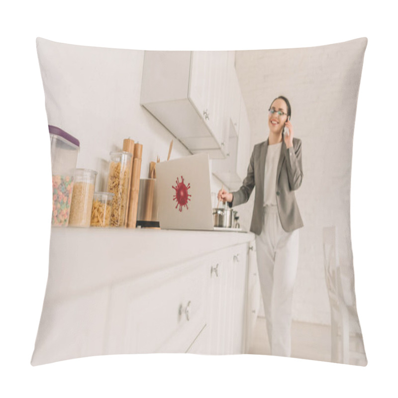 Personality  Selective Focus Of Businesswoman In A Blazer Over Pajamas Cooking And Talking On Smartphone In Kitchen Near Laptop With Coronavirus Bacteria Sticker Pillow Covers