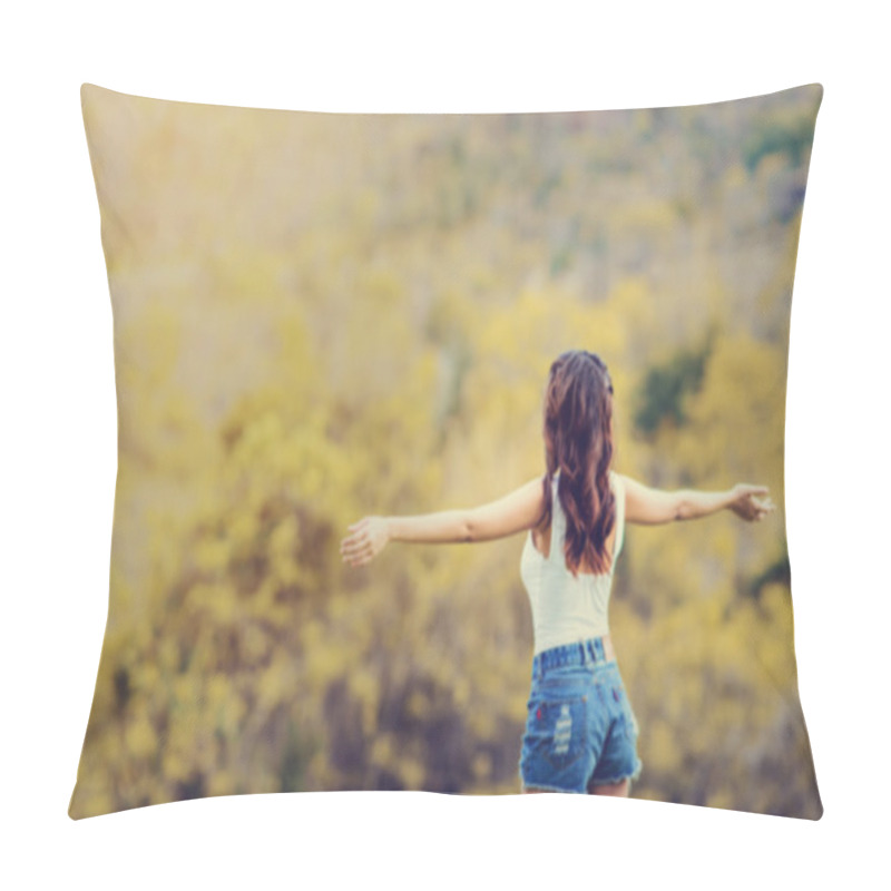 Personality  Blurry Background Carefree Happy Woman In Spring Or Summer Fores Pillow Covers