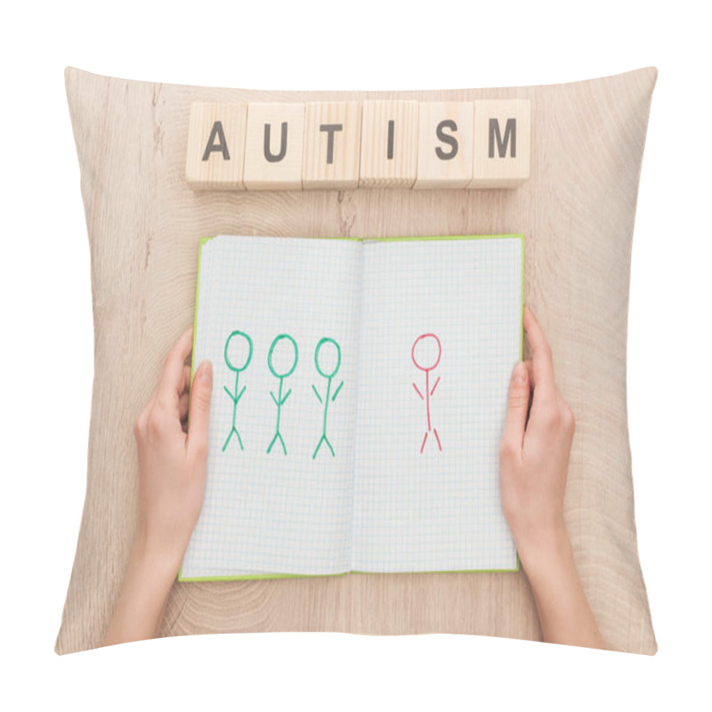 Personality  Cropped View Of Woman Holding Opened Notebook With Drawn Different Humans Near Wooden Cubes With Autism Lettering Pillow Covers