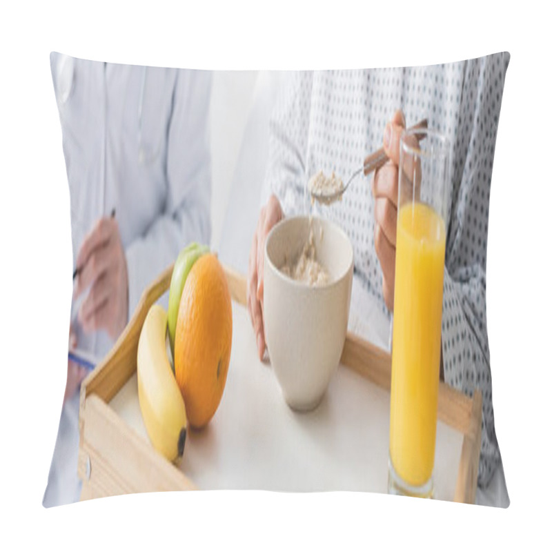 Personality  Cropped View Of Woman Eating Oatmeal Near Fresh Fruits And Doctor On Blurred Background, Banner Pillow Covers