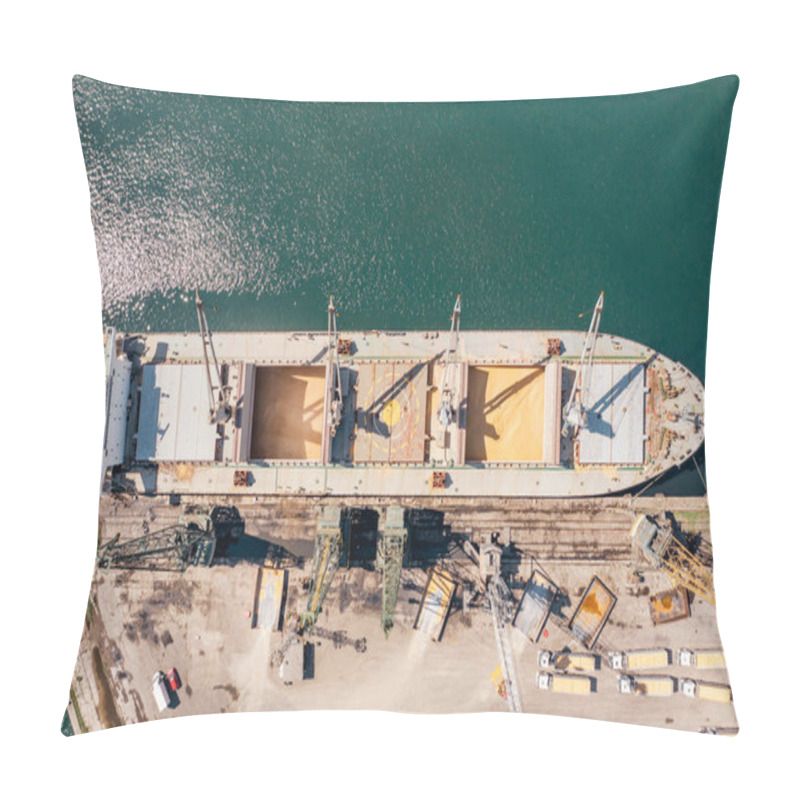 Personality  Aerial Top Down View Black Sea Port Loading Of Dry Cargo Ship With Ukranian Grain By Cranes. Maritime Grain Import And Export Concept Pillow Covers