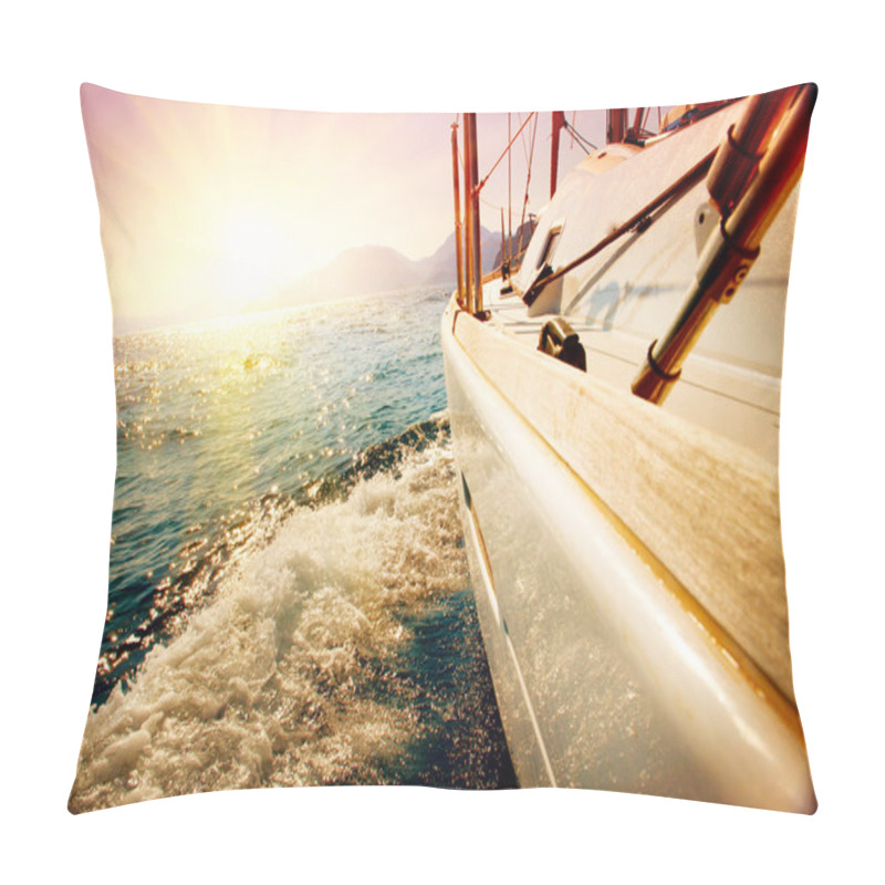 Personality  Yacht Sailing Against Sunset. Sailboat. Yachting Pillow Covers