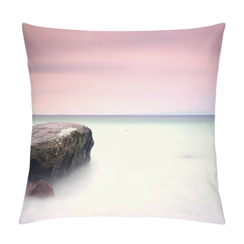 Personality  Romantic Atmosphere In Peaceful Morning At Sea. Big Boulders Sticking Out From Smooth Wavy Sea. Pink Horizon Pillow Covers