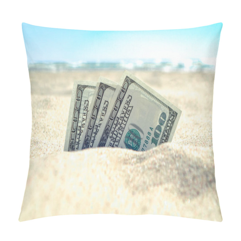 Personality  Money Dolars Half Covered With Sand Lie On On Sandy Beach Near Sea Ocean Pillow Covers