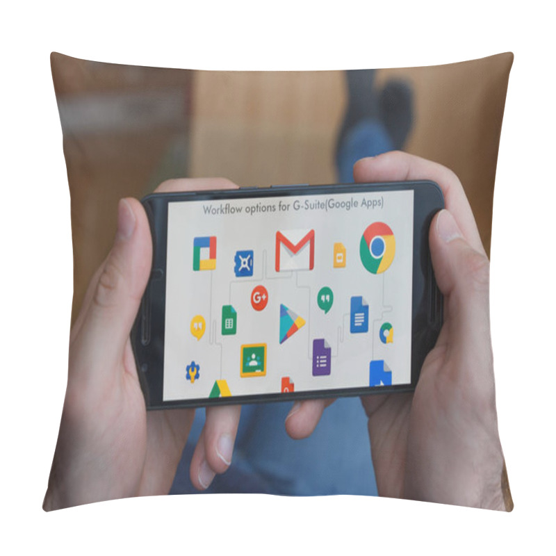 Personality  LOS ANGELES, CALIFORNIA - JUNE 3, 2019: Close Up To Male Hands Holding Smartphone Using G Suite Application. An Illustrative Editorial Image Pillow Covers