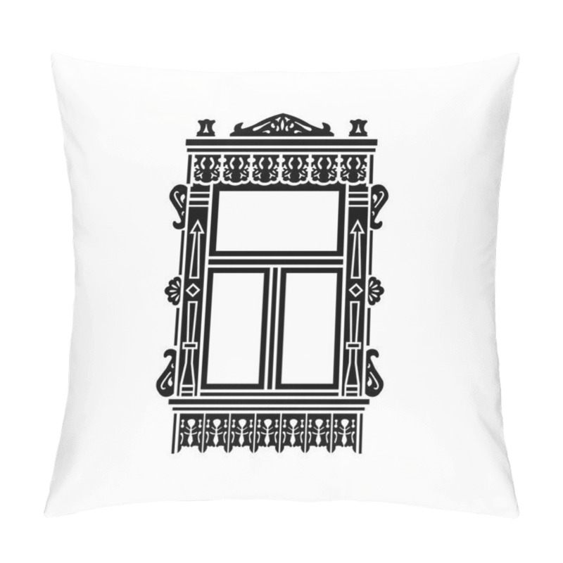 Personality  Detail Of Russian Traditional Wooden House. Carved Window Platband. Vector Illustration. Black  Silhouette. Pillow Covers