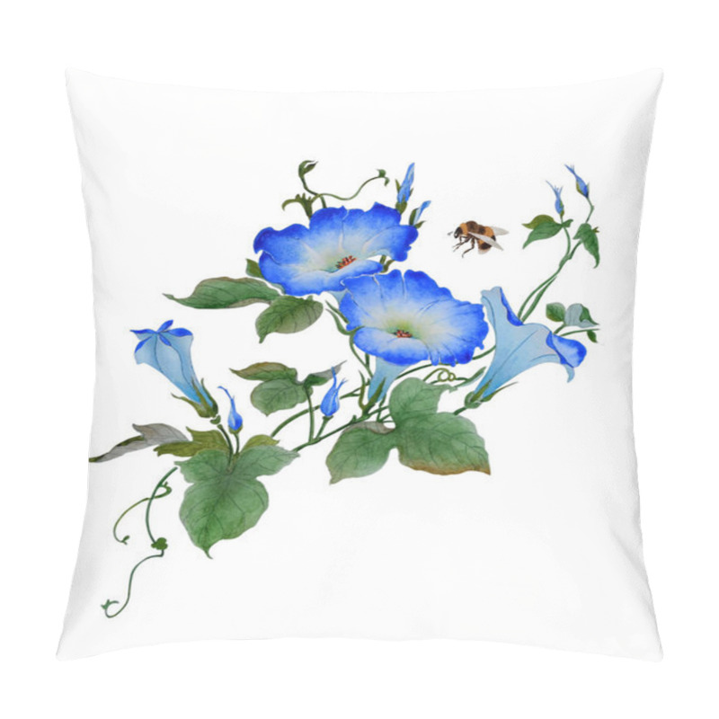 Personality  Watercolor With A Flowering Branch Ipomoea. Beautiful Blue Flowers Of Morning Glory, Bumblebee Are Fly Near. Illustration Executed In Traditional Chinese Style, Isolated On White Background. Pillow Covers