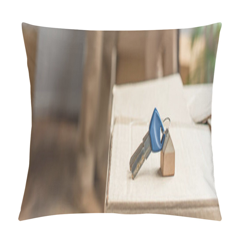 Personality  Panoramic Shot Of Keys Lying On Cardboard Box, Moving Concept Pillow Covers