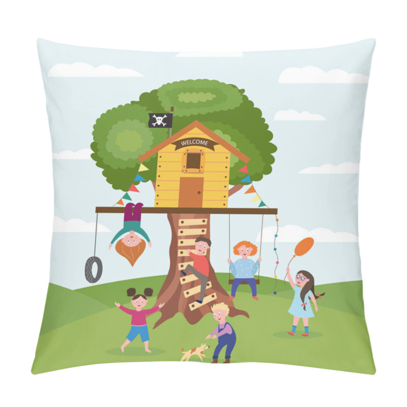 Personality  Tree House And Children Playing At Summer Background Flat Vector Illustration. Pillow Covers