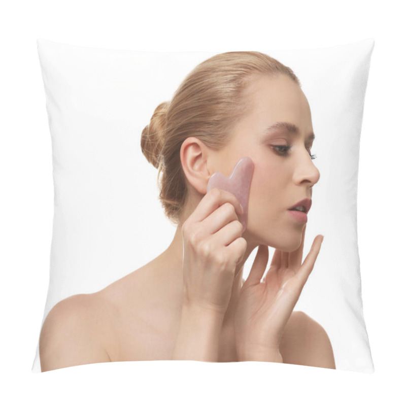 Personality  Beautiful Young Woman Doing Facial Massage With Gua Sha Tool On White Background Pillow Covers