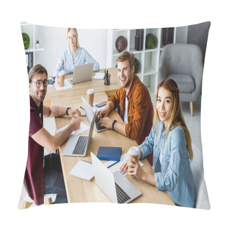 Personality  High Angle View Of Smiling Multicultural Colleagues Working On Startup Project In Office And  Looking At Camera Pillow Covers