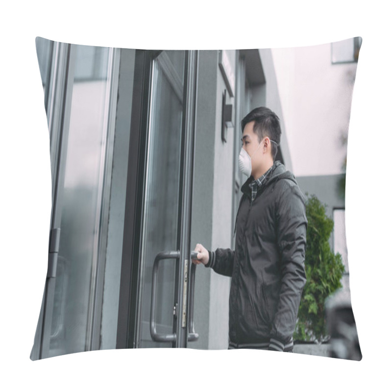 Personality  Young Asian Man In Respirator Mask Opening Door And Entering Building Pillow Covers