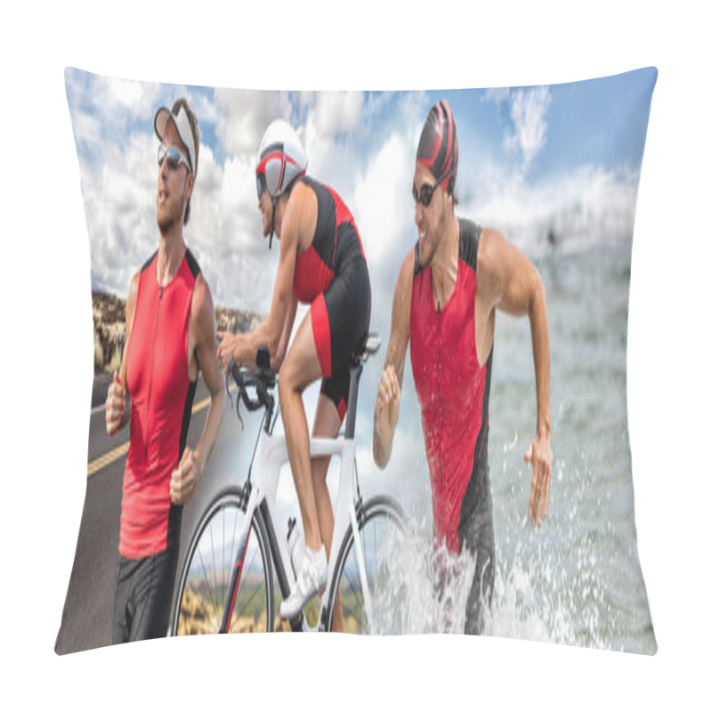 Personality  Triathlon Swim Bike Run Triathlete Man Running Biking Swimming In Ocean At Ironman Race Banner Panorama. Three Pictures Composite Of Fitness Athlete Professional Cyclist, Runner, Swimmer Athletes Pillow Covers