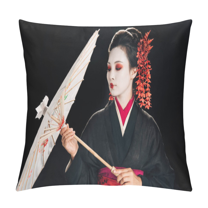 Personality  Beautiful Geisha In Black Kimono With Red Flowers In Hair Looking At Traditional Asian Umbrella Isolated On Black Pillow Covers