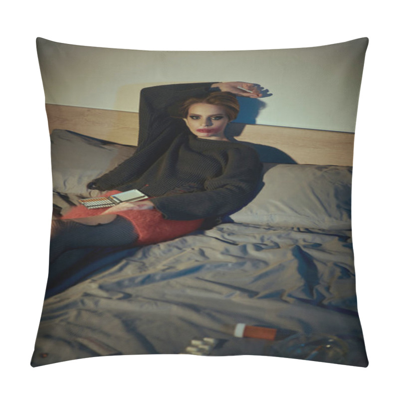 Personality  Woman In Black Sweater And Red Skirt Poses Casually On A Bed With A Stylish Edge. Pillow Covers