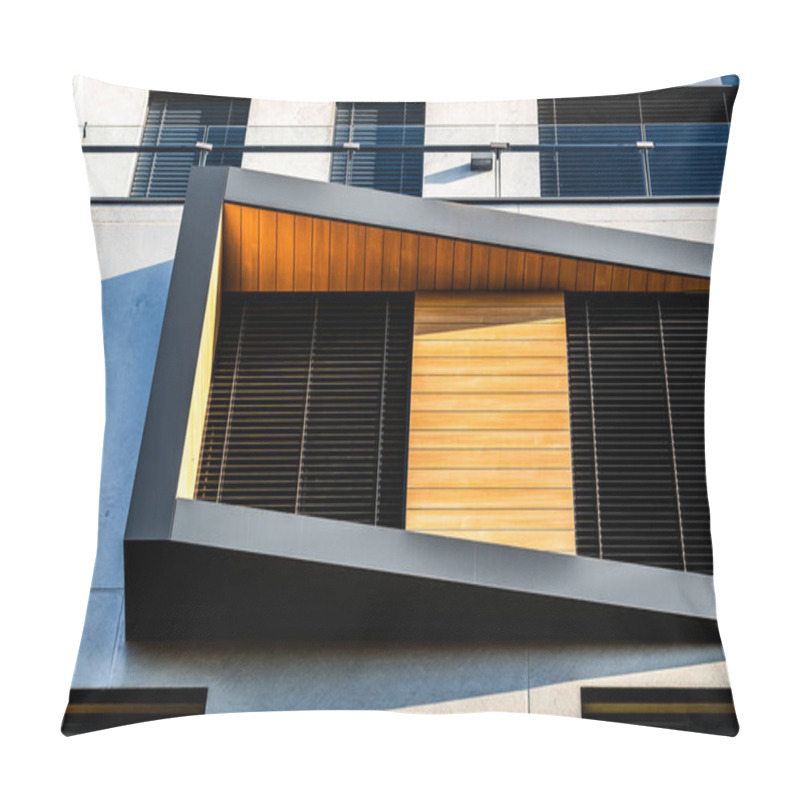 Personality  Modern Architectural Facade With Geometric Protrusions And Reflective Windows In Sunlight Pillow Covers