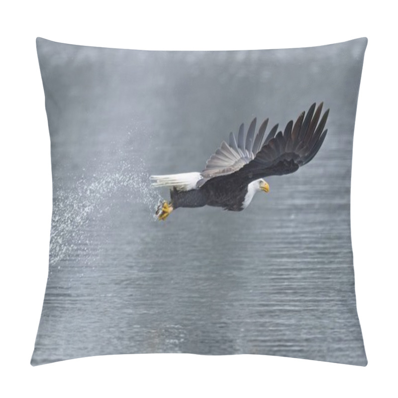 Personality  A Majestic Bald Eagle Catches A Fish From The Lake During Winter Feeding Before Migration In North Idaho. Pillow Covers