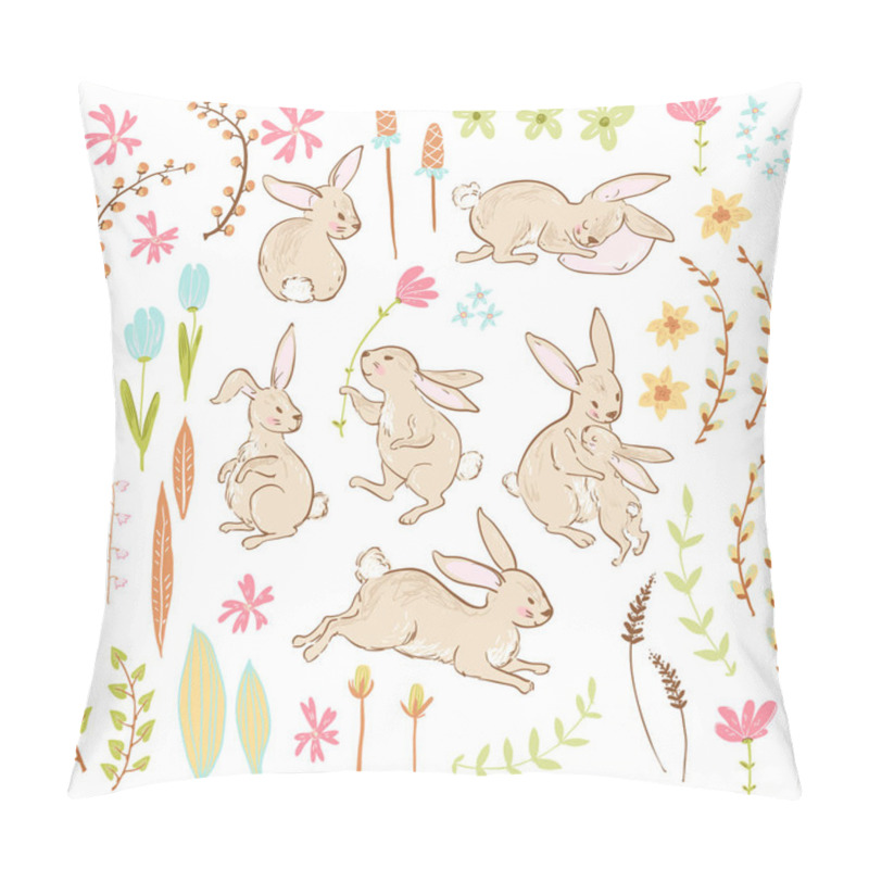 Personality  Easter Seamless Pattern With Cartoon Cute Bunnies And Flowers With Branches In Pastel Colors, Vector, Illustration Pillow Covers