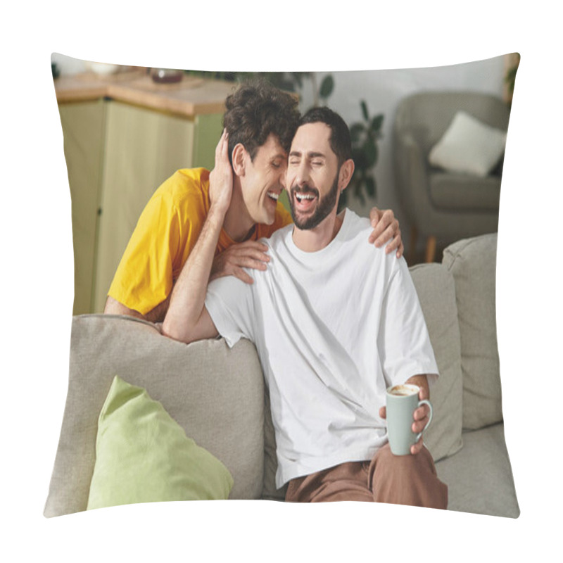 Personality  Two Men Express Their Love And Happiness While Enjoying A Cozy Moment At Home. Pillow Covers