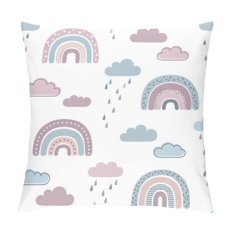 Personality  Seamless Pattern With Rainbows, Clouds And Raindrops In Naive, Childlike, Scandinavian Style Pillow Covers