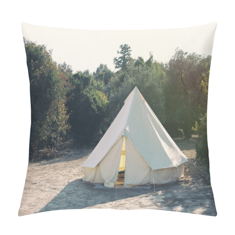 Personality  Glamping Campsite In The Forest. Big Camping Tent For Luxury Outdoor Vacation. Staycations, Hyper-local Travel, Night Camping Out Concept.  Pillow Covers