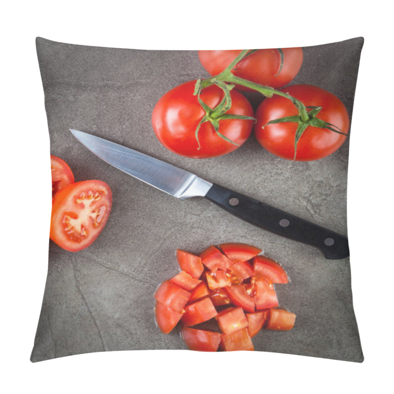 Personality  Truss Tomatoes And Kitchen Knife Arranged On Textured Stone Surface. Top View. Pillow Covers