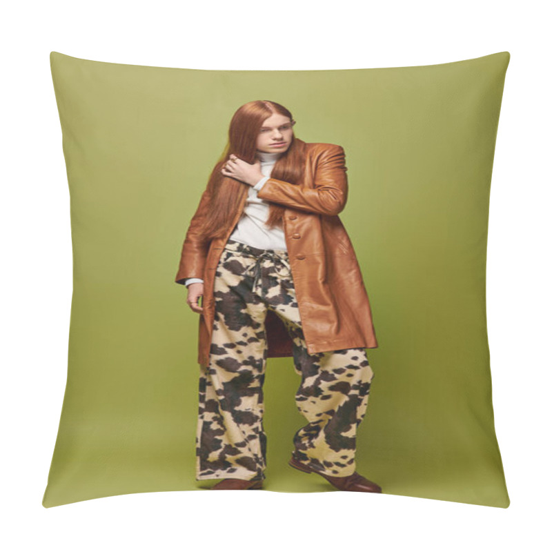 Personality  A Young Man With Long Red Hair Showcases Unique Fashion While Conveying Strong Emotions. Pillow Covers