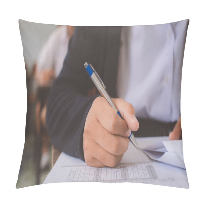 Personality  Close Up Hand Of Students Reading And Taking Exam Sheets Exercises Answer With Stress In Classroom Pillow Covers