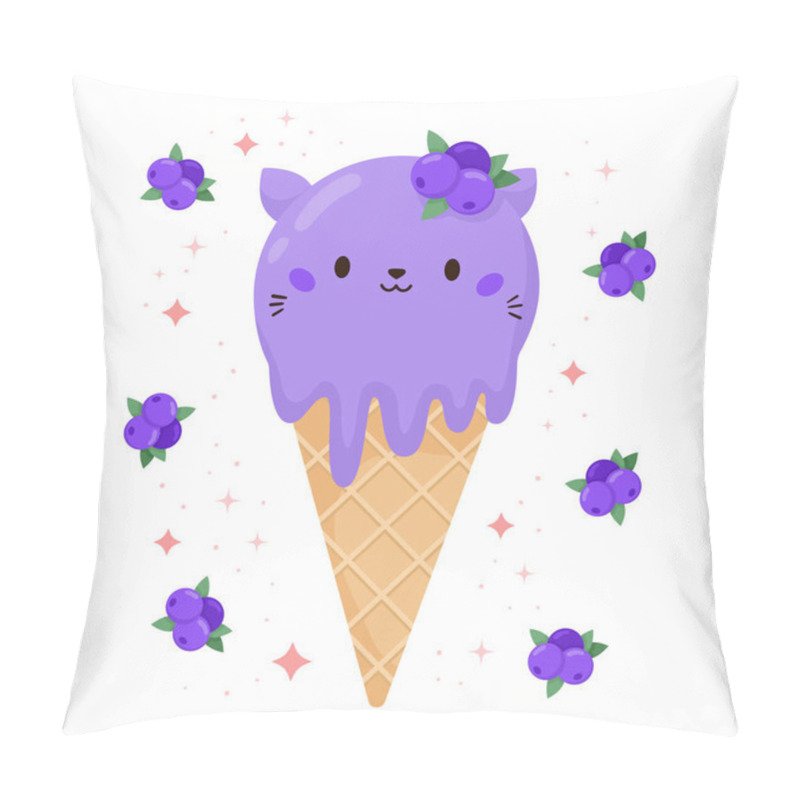 Personality  Kawaii Cat Ice Cream With Blueberry. Round Kitten In The Waffle Cone. Cartoon Food Dessert Bakery Product. Forest Berry. Vector Illustration. Pillow Covers