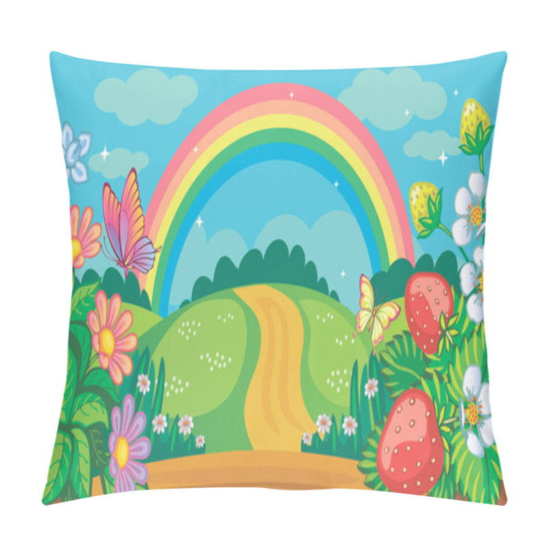 Personality  Fairytale Background With Flower Meadow, Road And Rainbow. Countryside Or Farm. Fabulous Forest Landscape. Bush Strawberries, Daisies And Butterflies. Magic Nature. Children's Illustration. Vector. Pillow Covers