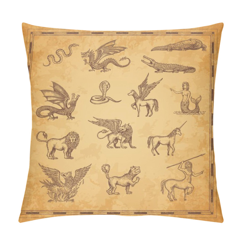 Personality  Vintage Map Characters Of Unicorn, Dragon And Pegasus, Minotaur, Lion, Mermaid And Crocodile, Snake, Griffin And Werewolf. Vector Sketches Of Mythology Animals And Monsters Of Ancient Treasure Map Pillow Covers