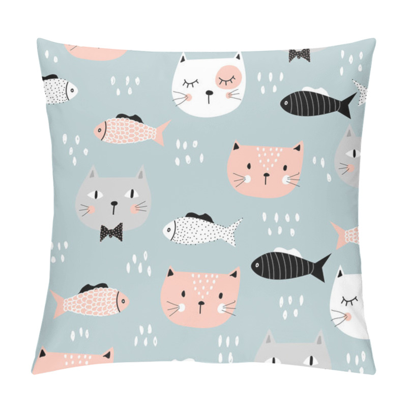 Personality  Seamless Pattern With Funny Kittens And Fish. Children's Illustration. For Printing On Children's Clothes. Hand-drawn. Pillow Covers