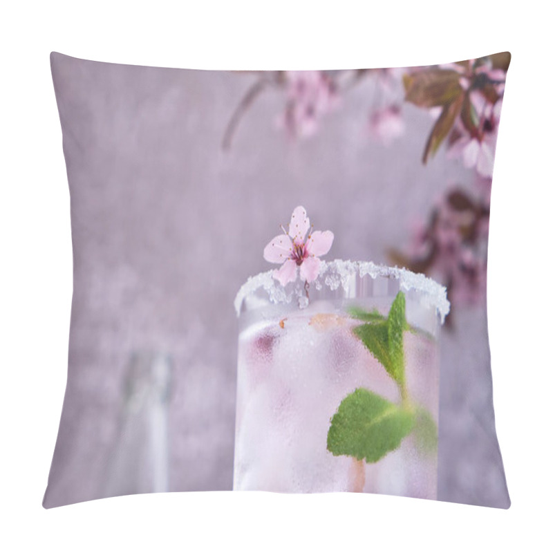 Personality  Closup Of Spring Cocktail With Condensation. Glass Of Pink Rose Champagne, Cider Or Lemonade With Ice And Mint. Blossom Cherry Branches Above. Black And Grey Background Pillow Covers