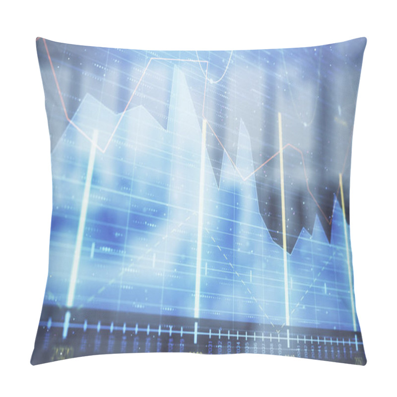 Personality  Stock And Bond Market Graph With Trading Desk Bank Office Interior On Background. Multi Exposure. Concept Of Financial Analysis Pillow Covers