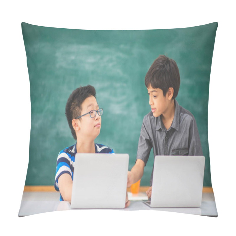 Personality  Asian Students Boy Using Laptop Learning In The Classroom At School Pillow Covers