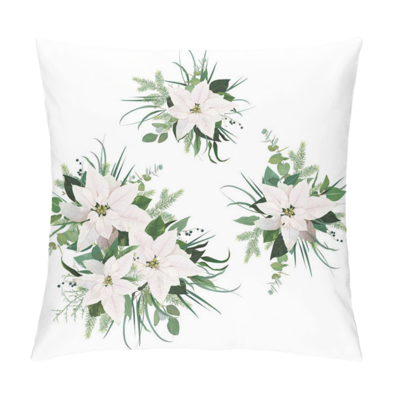 Personality  Vector Elegant White Poinsettia Flower, Christmas Spruce Tree Branches, Eucalyptus Greenery, Green Leaves, Berry Bouquet Set. Watercolor Style Botanical Holiday Illustration, Editable Designer Element Pillow Covers