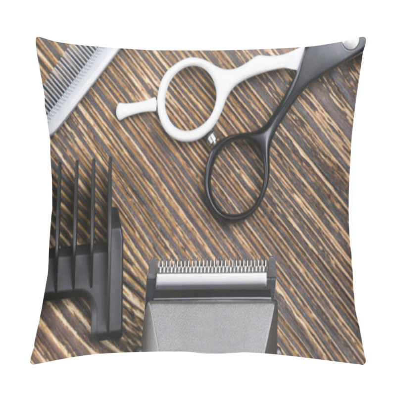 Personality  Concept On A Dark Wooden Background Of Things For Hair Cutting Pillow Covers