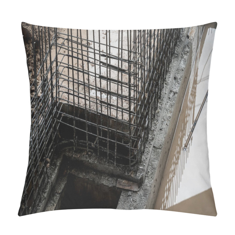 Personality  A Construction Site Displaying A Reinforced Concrete Foundation With Steel Rebar. Pillow Covers