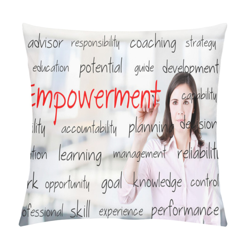 Personality  Young Business Woman Writing Empowerment Concept. Office Background. Pillow Covers