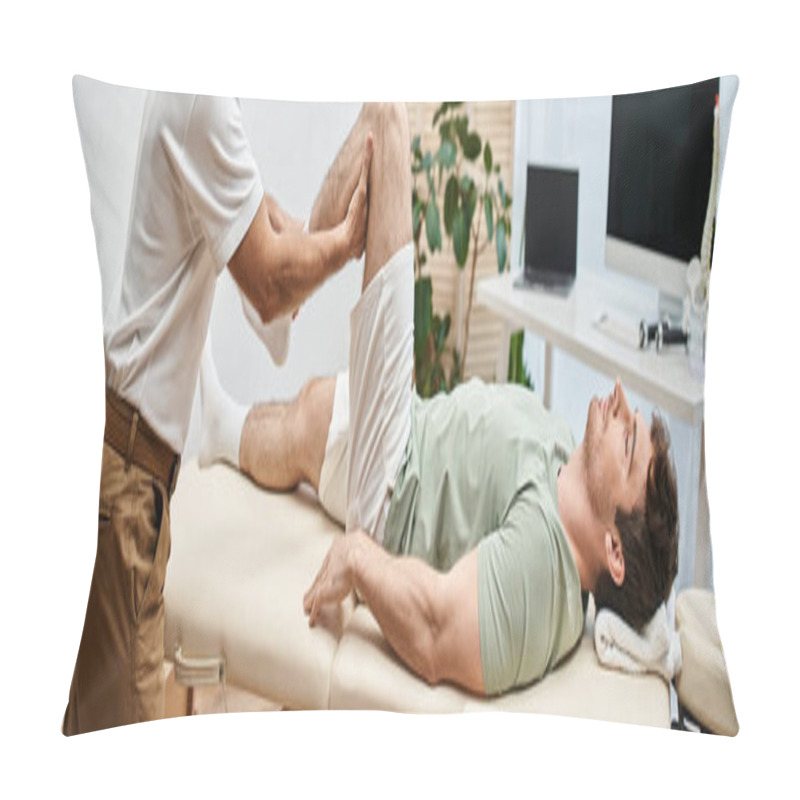 Personality  Good Looking Mature Doctor Checking Up Knees Of His Patient In Hospital, Rehabilitation Concept Pillow Covers