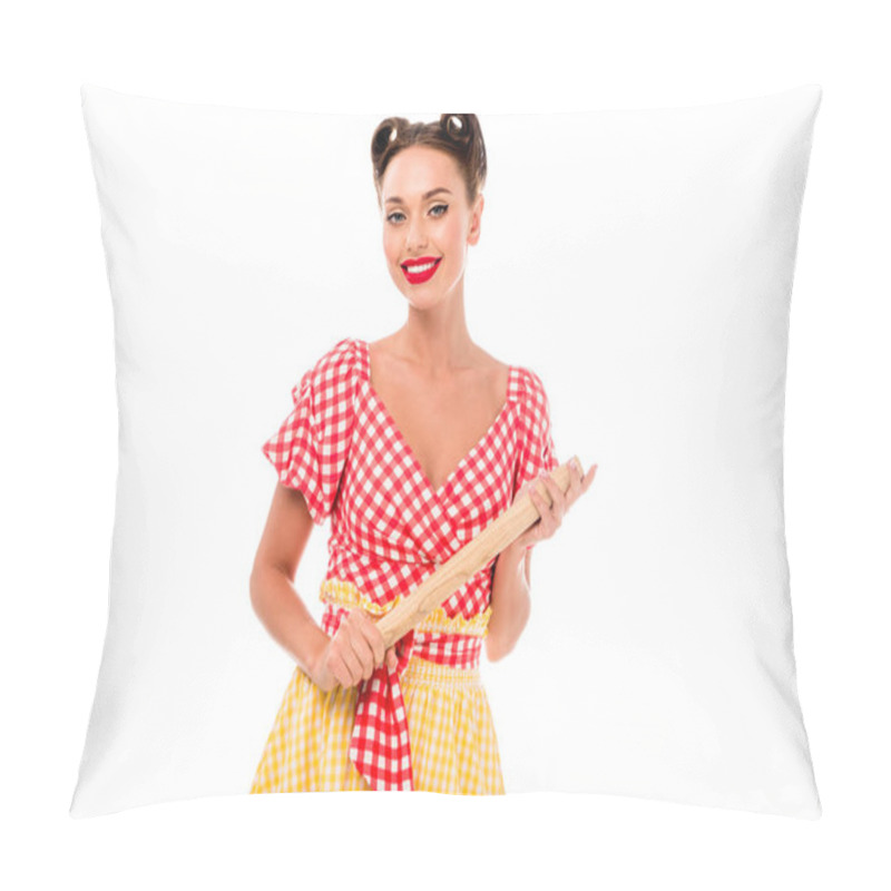 Personality  Smiling Stylish Pin Up Girl Holding Rolling Pin And Looking At Camera Isolated On White Pillow Covers