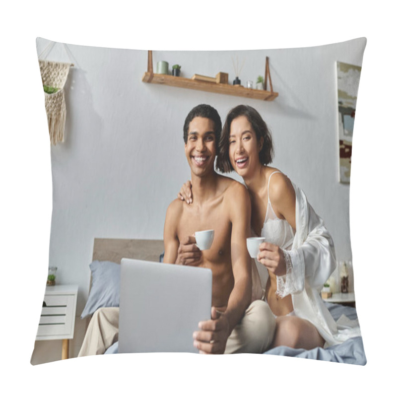 Personality  A Young Interracial Couple Enjoys Their Morning Coffee While Using A Laptop In Their Bedroom. Pillow Covers