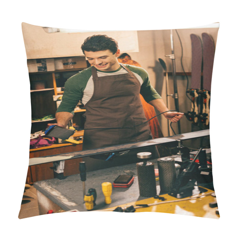 Personality  Smiling Worker Waxing Ski With Wax Iron In Repair Shop Pillow Covers