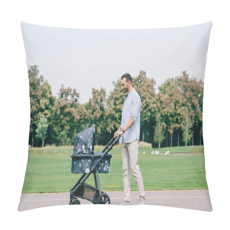 Personality  Handsome Cheerful Man Walking With Baby Buggy In Park Pillow Covers