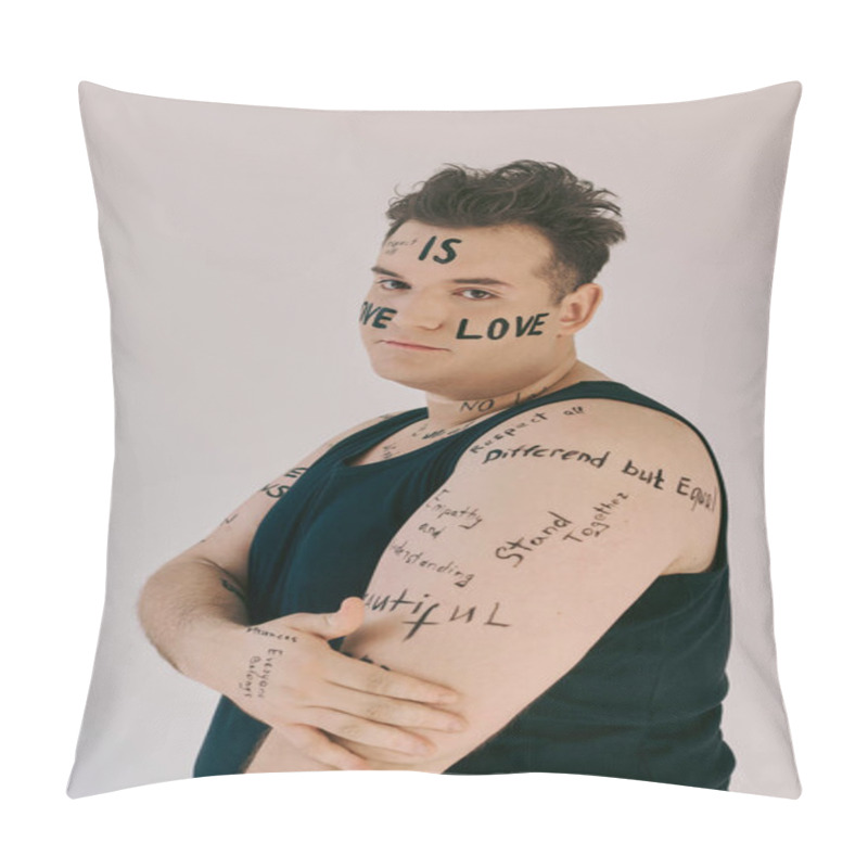 Personality  The Queer Person Proudly Reveals Their Body Decorated With Affirmations Of Love And Identity. Pillow Covers