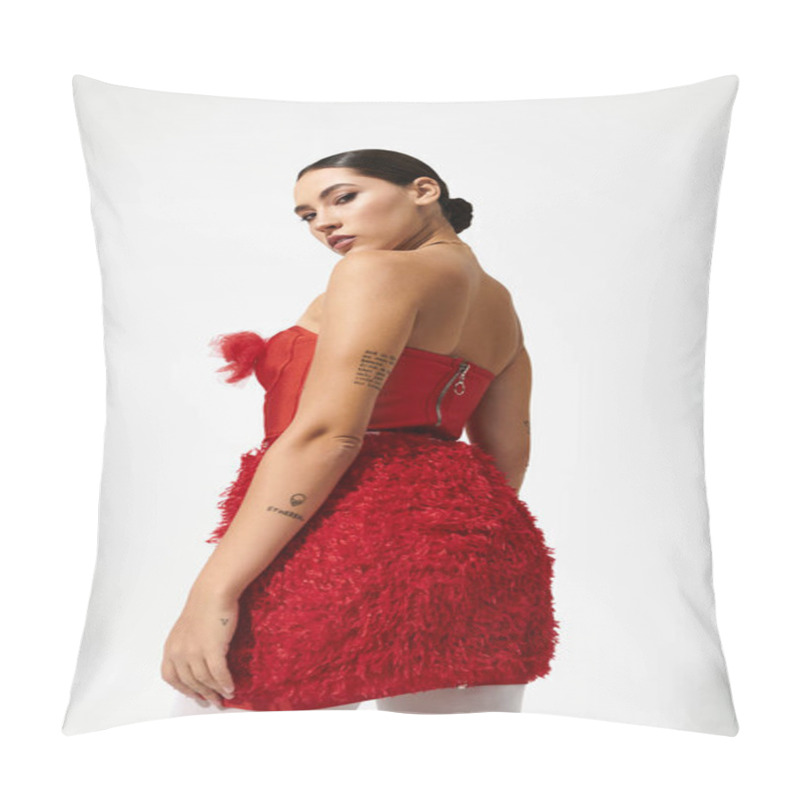 Personality  An Elegant Young Woman Exudes Confidence While Modeling A Striking Red Dress With Intricate Details. Pillow Covers