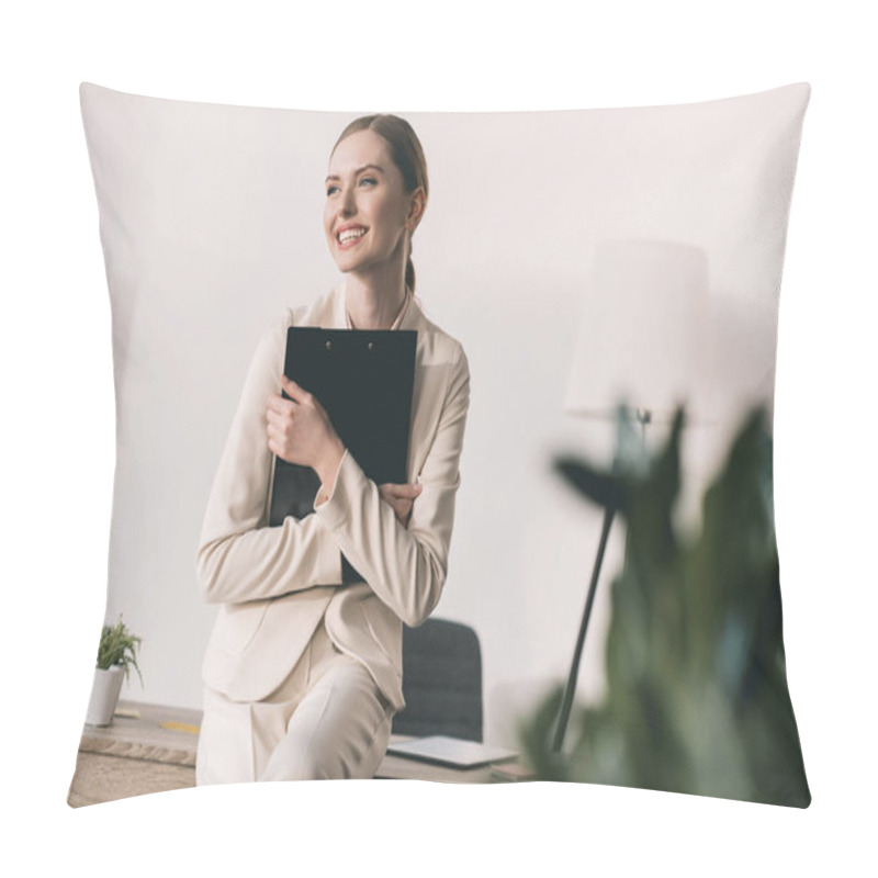 Personality  Young Businesswoman With Clipboard  Pillow Covers