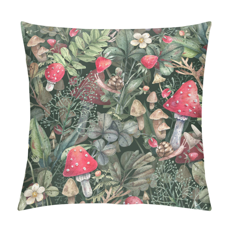 Personality  Watercolor Seamless Pattern With Forest Plants, Mushrooms, Berries On A Dark Background. Amanita, Ferns, Mushrooms, Wild Berries Background. Pillow Covers