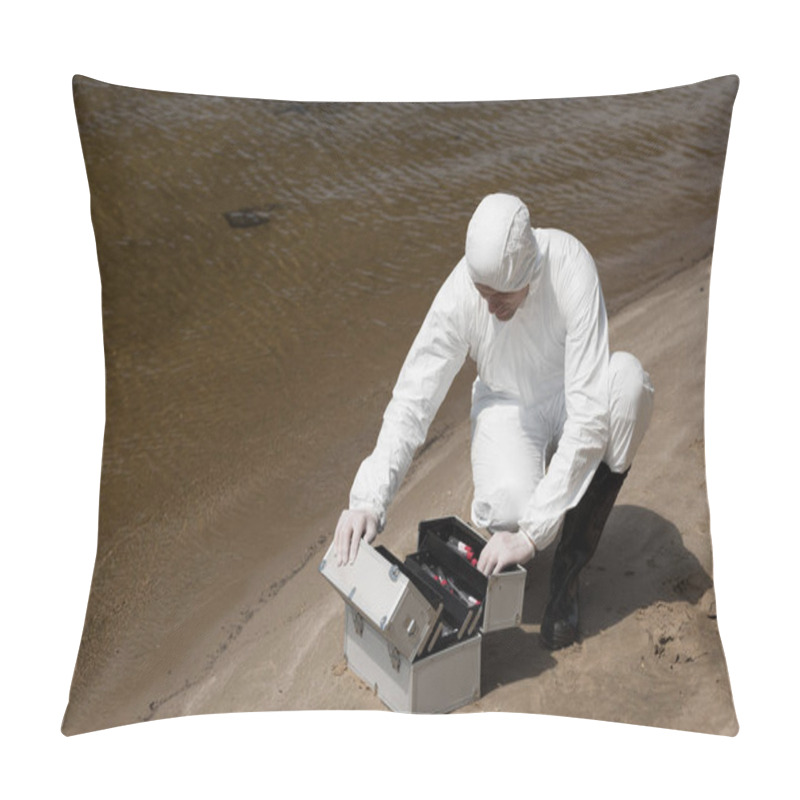 Personality  Water Inspector In Latex Gloves And Protective Costume Opening Inspection Kit On Sandy Coast Pillow Covers